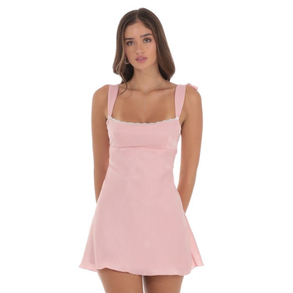 LUCY IN THE SKY Satin Lace Trim Open Back Dress in Dusty Pink
